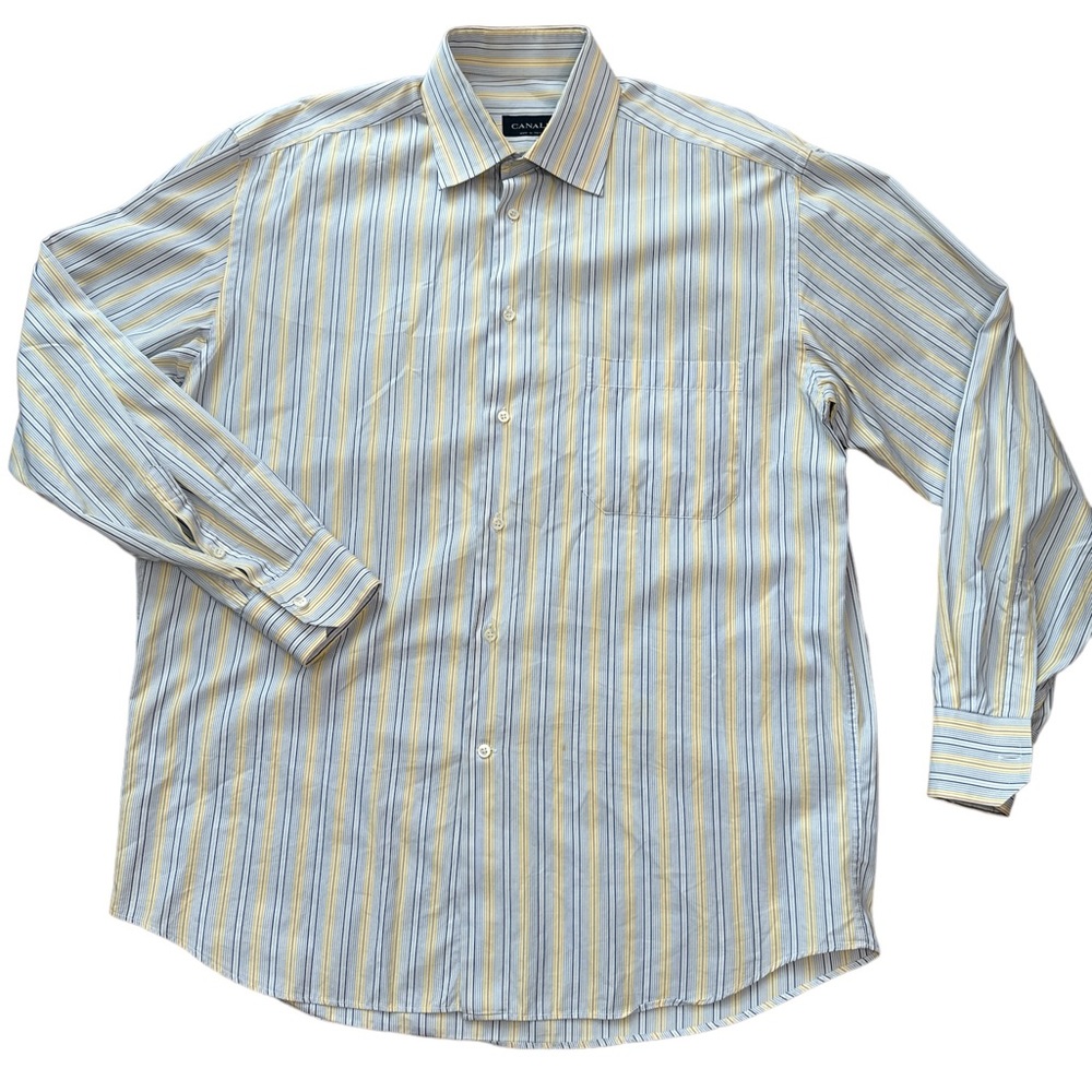 CANALI Made Italy Button Up Shirt Men’s Size 42 16 1/2 Long‎ Sleeve Yellow Blue